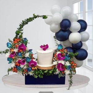 پکیج کیک و گل آبی و بنفش