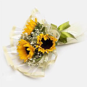 دسته گل افتاب گردان 3 شاخه و عروس